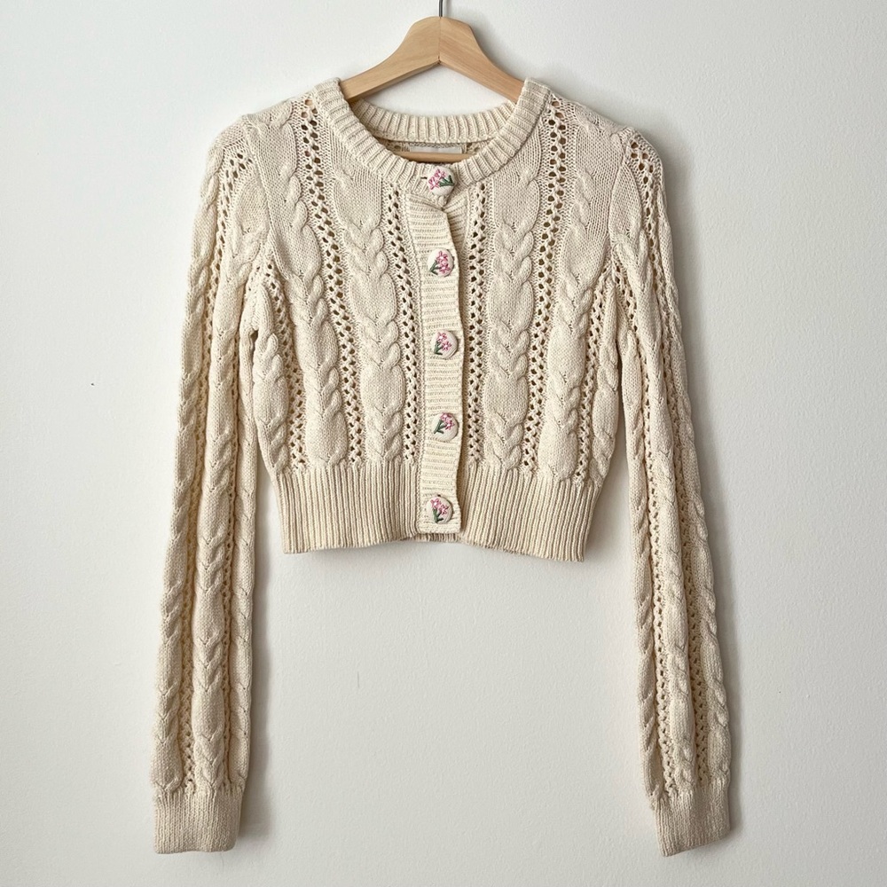 NWT Freshman 1996 Women's Ivory Cable Knit Cropped Cardigan Embroidery Size S - Picture 3 of 5